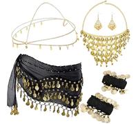 Auzlya Set di 7 Accessori per la Danza del Ventre, Cintura per Danza Orientale da Donna, con Orecchini con Monete d'oro, Sciarpa per Danza del Ventre, Braccialetti e Copricapo, Collana