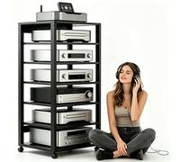 Av Tower Media Stand Supporto 5/7 Livelli，Mobile Giradischi E Porta Vinili Con Ruote Universali, Ripiano Rack Amplificatore, Torre Porta DVD, per Soggiorno(Nero,7tier)