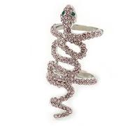 Avalaya Anello a doppia fascia con serpente a spirale in cristallo rosa, placcato al rodio, larghezza 50 mm, misura 8, Metallo