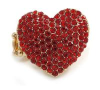 Avalaya Anello elastico placcato oro con pavé di cristalli rossi "Be Mine" a forma di cuore, lunghezza 3 cm, misura regolabile 7/8
