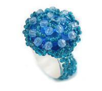 Avalaya Anello flessibile a forma di bottone, in vetro turchese e perline acriliche blu, 20 mm, taglia S/M, Misura unica, Plastica