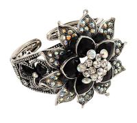 Avalaya Bracciale rigido con perline in acrilico nero e cristallo AB a forma di fiore, tono argento invecchiato, taglia M/L