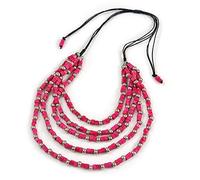 Avalaya Collana a più fili, con perline di legno fucsia a strati, in cotone nero, lunghezza 60 cm / 80 cm, regolabile, Misura unica, Plastica Legno
