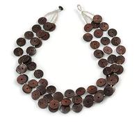Avalaya Collana a tre fili con perline in legno e vetro trasparente a forma di bottone, colore marrone, lunghezza 60 cm