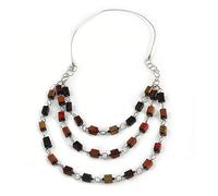 Avalaya Collana con perline in legno multistrato e cordoncino in gomma argento metallizzato, lunghezza 86 cm