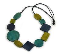 Avalaya Collana in corda di cotone nero con perline geometriche in legno verde acqua, oliva, blu, lunghezza 86 cm, regolabile