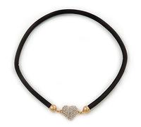 Avalaya Collana in gomma nera con chiusura magnetica a forma di cuore in cristallo (color oro), lunghezza 38 cm