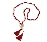Avalaya Collana lunga in agata rossa bordeaux con ciondolo a forma di cuore in vetro e nappa di seta, lunghezza 80 cm, nappa da 11 cm