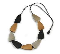 Avalaya Collana lunga in corda di cotone bianco con perline geometriche in legno color bronzo/argento/nero, lunghezza 100 cm, regolabile