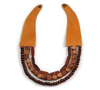 Avalaya Collana multifilo con perline in legno e pelle, stile bavaglino, colore: marrone/fatta a mano, lunghezza 64 cm