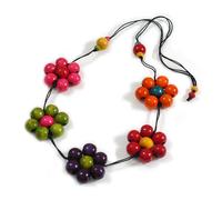 Avalaya Collana regolabile in corda di cotone nero con ciondolo floreale multicolore in legno ecologico - 88 cm di lunghezza, 50 mm a forma di fiore