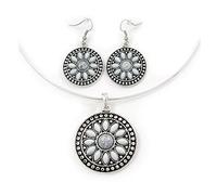 Avalaya Medaglione con perline in acrilico bianco antico su collana rigida e orecchini, regolabile