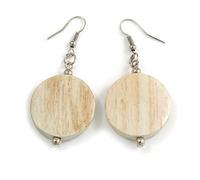 Avalaya Orecchini pendenti a moneta in legno lavato bianco, 55 mm, leggeri, Misura unica, Legno, bianco/avorio