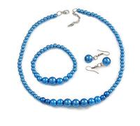 Avalaya Parure composta da collana, braccialetto elastico e orecchini a goccia, con perle sintetiche, lunghezza 44 cm, estensione di 4 cm, colore: blu
