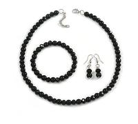 Avalaya Parure composta da collana, braccialetto flessibile e orecchini a goccia in vetro e perle finte, 43 cm x 4 cm x 8 mm, colore: nero