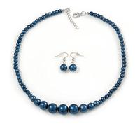 Avalaya Set collana e orecchini pendenti in vetro graduato blu scuro/44 cm L/4 cm Ext, Misura unica, Vetro Metallo Gemma Argento, Pietra preziosa, perla