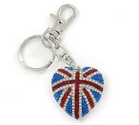 Avalaya Set patriottico con pavé di cristalli austriaci Union Jack a forma di cuore bombato, ciondolo per borsa, tonalità argento, 10 cm di lunghezza