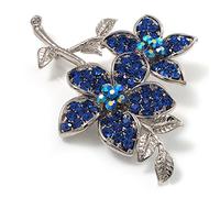 Avalaya Spilla a forma di fiore con strass blu navy (tono argento), Misura unica, Pietre preziose, metallo, argento, Cristallo