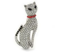 Avalaya, spilla a forma di gatto con pavé di cristalli, placcata in rodio, lunghezza 50 mm