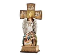 Avalon Gallery, statuette natalizie - Giuseppe Maria con Gesù e angelo in piedi croce centrotavola statuetta, 35,5 cm, croce del presepe