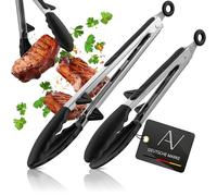 AVANA Pinza per cottura e barbecue, in acciaio inox, con base integrata, in silicone, resistente al calore, set da 2 pezzi, colore nero