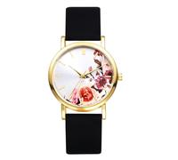 Avaner Orologio da donna in silicone: orologio con quadrante dipinto a fiori con stile rurale naturale e scala a barre, regalo di compleanno, festa della mamma, Bracciale nero e cassa dorata