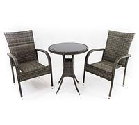 AVANTI TRENDSTORE - Amelia - Set da giardino in polirattan grigio, 2 sedie (dimensioni LAP 46x90x62 cm) e 1 tavolo rotondo con vetro nero (diametro: 62 cm, altezza: 72 cm)