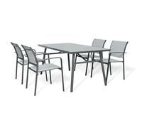 AVANTI TRENDSTORE - Animo - Set di mobili da giardino in metallo grigio scuro e textilene di colore argento, composto da e 1 tavolino con piano in vetro e 4 poltrone