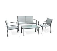 AVANTI TRENDSTORE - Kilo - Set di mobili da giardino in metallo grigio scuro e textilene di colore argento, composto da 1 panca da 2 posti, 2 poltrone e 1 tavolino con piano in vetro.