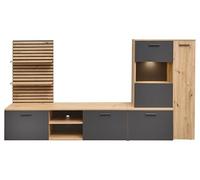 AVANTI TRENDSTORE - Mezzenile - Parete attrezzata elegante in legno laminato nel colore quercia Artisan/antracite con colonna, mensola a muro e mobile TV. Dimensioni LAP ca. 250x135x38 cm