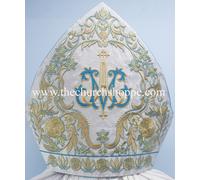(AVE MARIA) Mitra Pastorale, Ricamo AM, Argento Metallizzato, Mitra, NEW