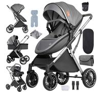 Aveainelle PU Pelle Passeggino 3 in 1, Trio Neonati da Viaggio Dal Design a Forma di Guscio D'uovo, Passeggino Reclinabile e Reversibile, Carrozzina Pieghevole Con un Clic, Accessori Completi