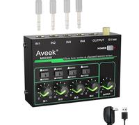 Aveek Mini Line Audio Mixer - Mixer audio piccolo a 4 canali con commutazione stereo/mono e funzionamento a basso rumore per sub-missaggio di precisione, ingresso/uscita TRS da 1/4", ideale per