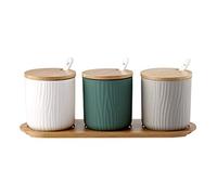AVEEWA Zuccheriera da 300 Ml / 10,56 Once,Barattolo di Spezie in Ceramica Pentole per Condimenti Saliera con Coperchio in bambù E Cucchiaio in Ceramica per Casa E Cucina, Set di Forniture da Cucina-C