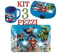 AVENGERS KIT PRANZO SCUOLA ASILO PORTA MERENDE+TAZZA+TOVAGLIETTA IN SILICONE