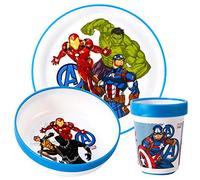 Avengers - Set di stoviglie riutilizzabili bicolore per bambini, 3 pezzi, piatto, ciotola e bicchiere, senza BPA