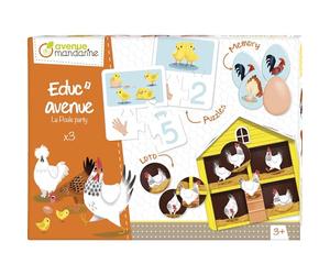 Avenue Mandarine JE516C - Scatola Educ'Avenue "Il party nel pollaio" Che include un memo 20 pezzi, 10 puzzle 3 pezzi, 10 tessere educative e una tombola 4 cartelle + 20 gettoni