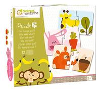 Avenue Mandarine JE519C - Scatola da 12 puzzle 2 pezzi, Chi mangia cosa? 8x12 cm da ricomporre