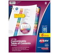 Avery 11831 divisori per raccoglitori a 3 anelli, personalizzabile con linguette multicolori, 6 set
