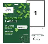 AVERY - 15 etichette riciclate in 100% riciclate Personalizzabili e stampabili Formato 199,6 x 289,1 mm. Stampa laser e inkjet. (LR7167-15)
