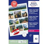 Avery 25983-100 Carta Fotografica Extra Glossy A3, 150G, Stampanti Laser, 100 Fogli, 420 x 297, Bianco