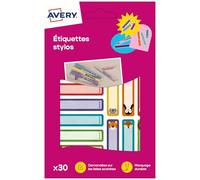 Avery - 30 etichette autoadesive resistenti per matite colorate, pennarelli e penne a sfera in 4 colori - Formato 50 x 10 mm - Motivi animali - Superficie bianca scrivibile - Adesivo permanente