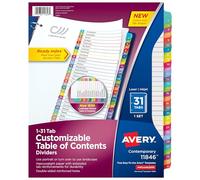 Avery 31-tab divisori per 3 raccoglitori ad anelli, personalizzabile Sommario, linguette multicolori, 1 set (11846)