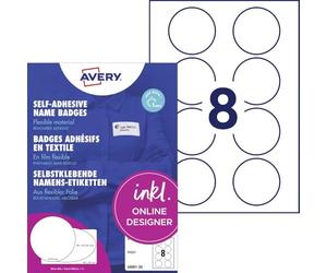 Avery 91784 Etichette Badge Per Tessuti Rotonde, 10Et/Fg, 20Fg Inkjet, Bianco, Ø65 mm