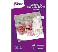 Avery - Adesivi trasparenti, disegni vari, disposti su foglio A4, stampati a getto d'inchiostro, articolo personalizzabile, confezione da 6, rif. C9421