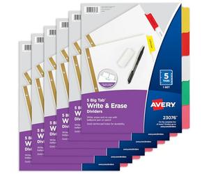 Avery Big Tab - Divisori scrivibili e cancellabili per raccoglitori a 3 anelli, set da 5 linguette, divisori multicolore, ideali per organizzare progetti, relazioni, finanze e altro (confezione da 6