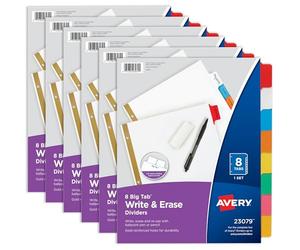 Avery Big Tab - Divisori scrivibili e cancellabili per raccoglitori a 3 anelli, set da 8 linguette, divisori multicolore, ideali per organizzare progetti, relazioni, finanze e altro (confezione da 6