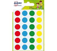 Avery - Bustina di 144 adesivi rotondi, ø15 mm, 4 colori (verde, rosso, giallo, blu), 144 Pezzi