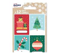 AVERY Confezione da 12 etichette natalizie, design tradizionale, etichette adesive per regali di Natale, etichette regalo autoadesive di alta qualità e decorazioni per sacchetti regalo