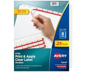 Avery Divisori per raccoglitori a 8 schede, facile da stampare e applicare, striscia trasparente per etichette, indici, linguette bianche, 25 set (11447)